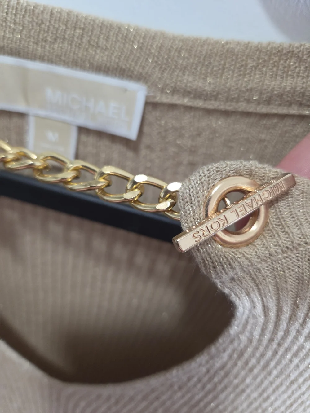 Michael Kors Gold-Trim Beige Ribbed Knit Top
